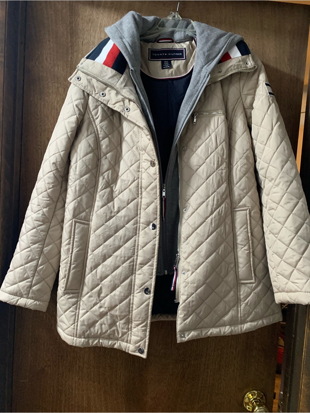 Tommy Hilfiger Beige Mid-Length Quilted Puffer with Grey Hooded Bib & Flag Trim